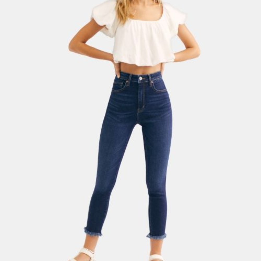 Free People Frayed-Hem Skinny Jeans In Capri Blue Size 27